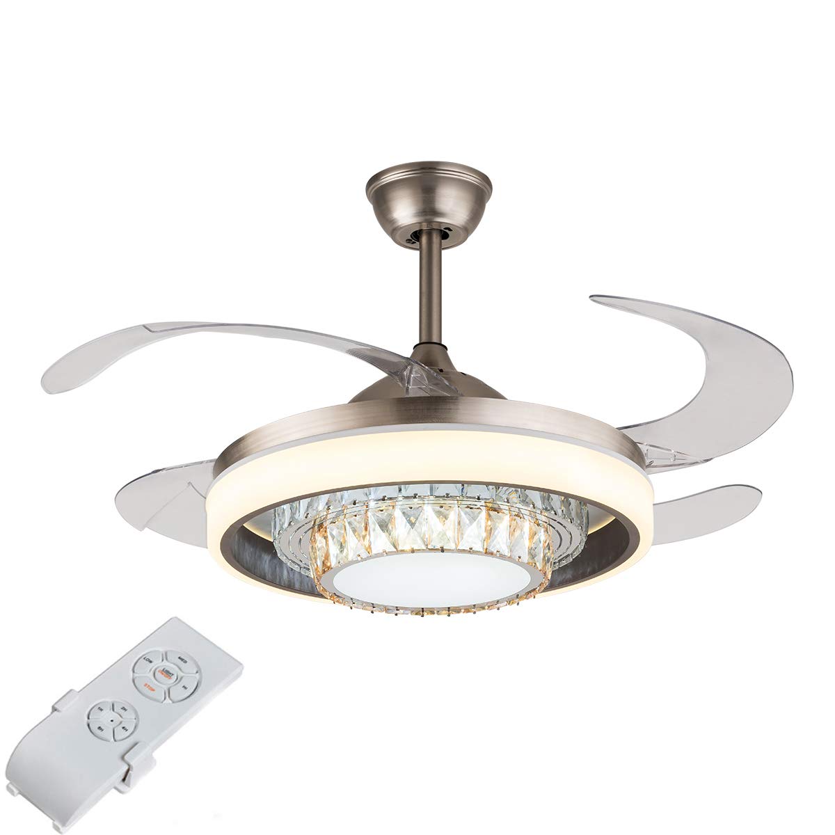 42 Inch Retractable Ceiling Fan with Lights & Remote Control - Flush Mount Crystal Chandelier Fan with Trichromatic Light for Bedroom, Living Room - BT168 White (US Standard) | Modern Home Lighting & Air Circulation Solution