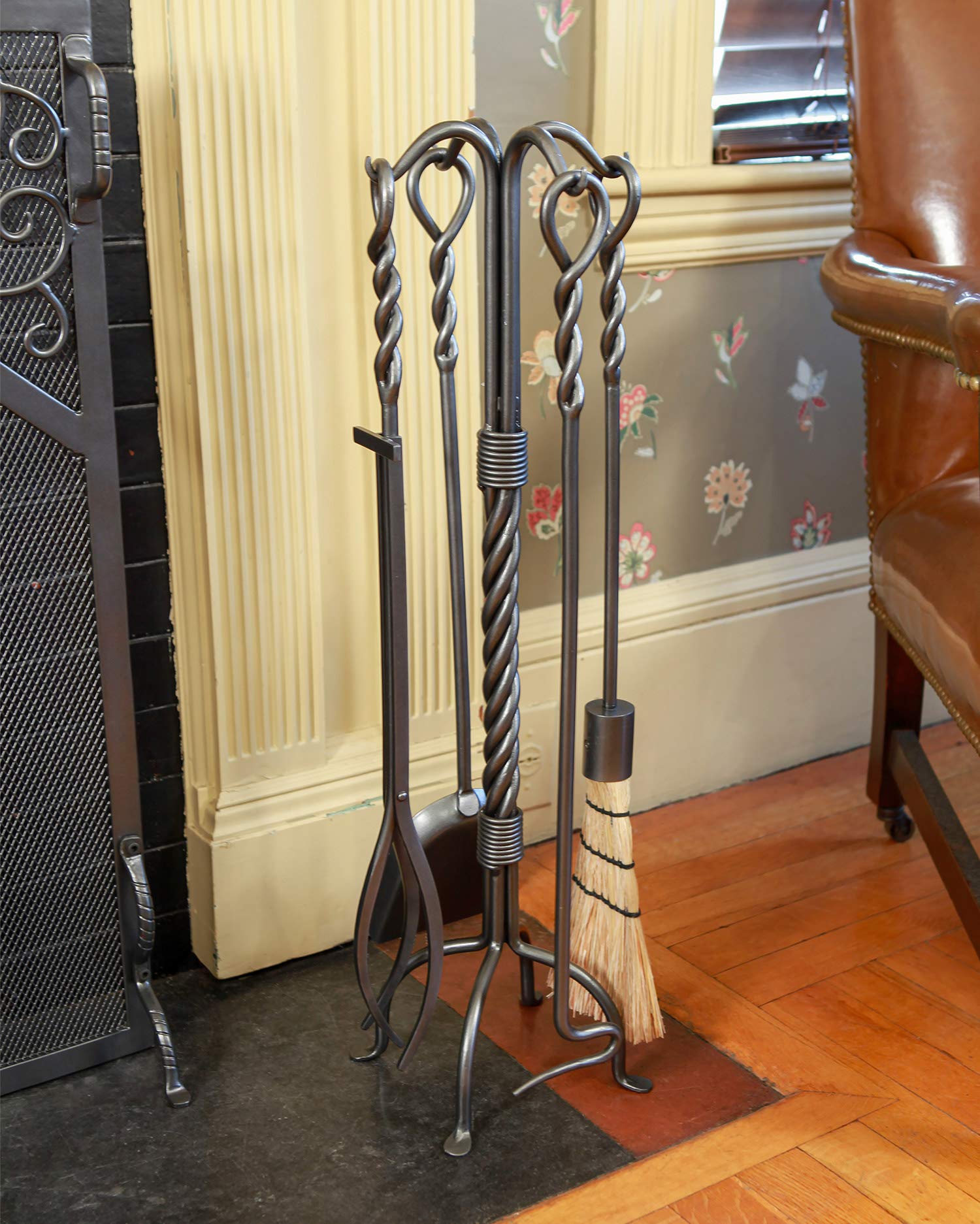 5-Piece Twisted Rope Wrought Iron Fireplace Tool Set in Graphite - Heavy Duty Fireplace Accessories for Wood Burning Stoves & Fire Pits