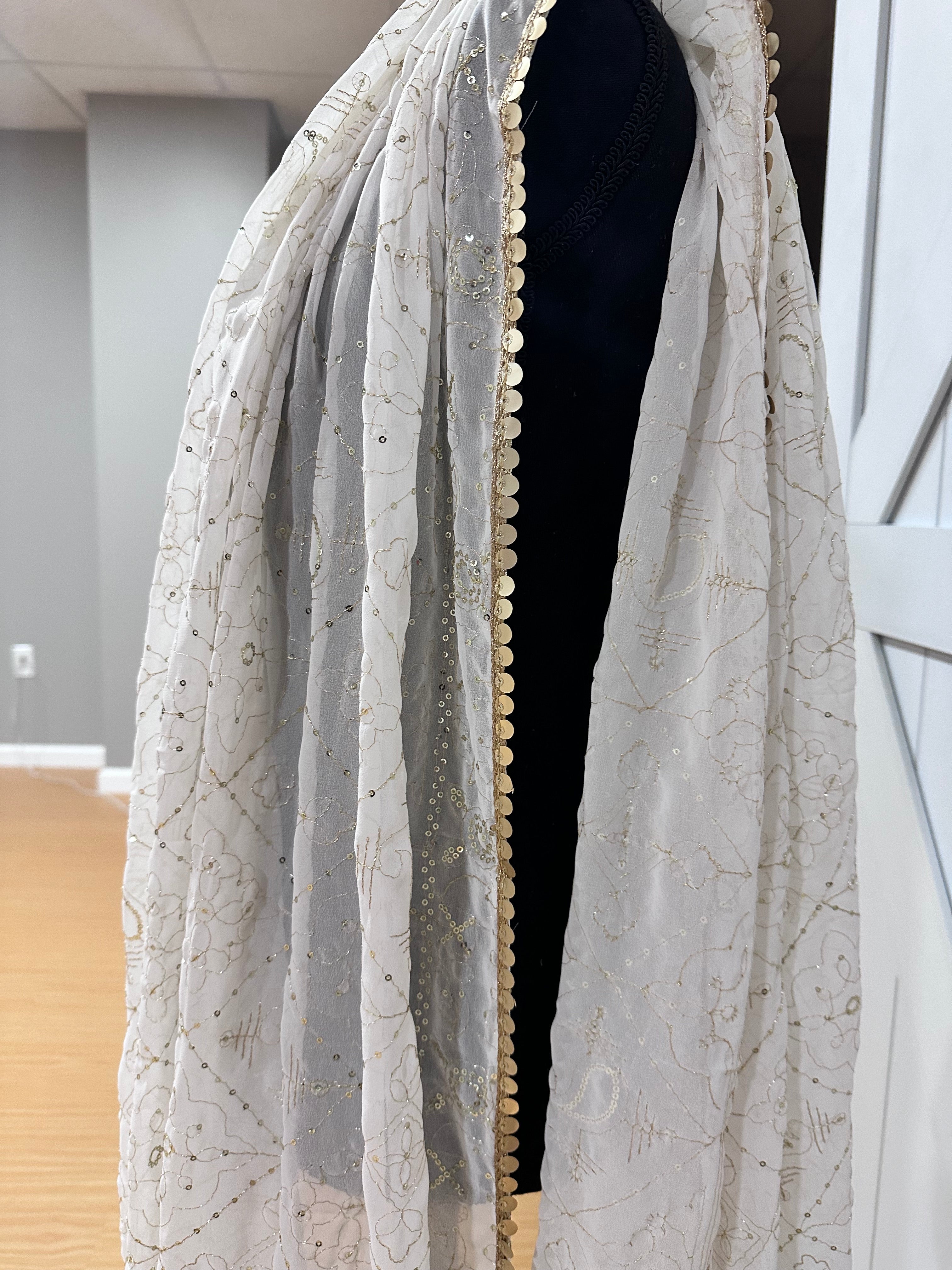 Elegant White and Gold Dupatta Scarf - Premium Embroidered Shawl for Women - Perfect for Weddings, Parties, and Festive Occasions