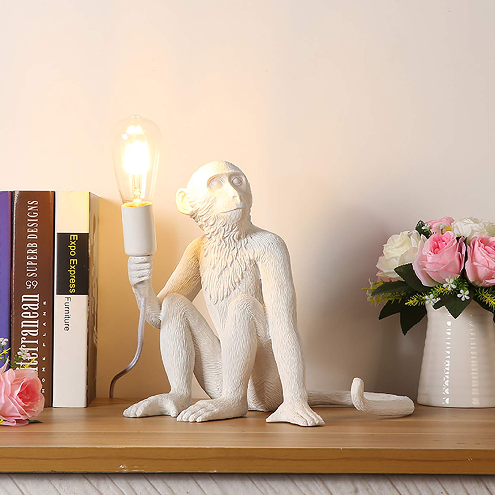LOYALHEARTDY Vintage Resin Monkey Table Lamp - Modern Desk Light for Living Room, Kids Bedroom, Club & Office Decor - White LED Night Light for Reading, Study & Home Decoration
