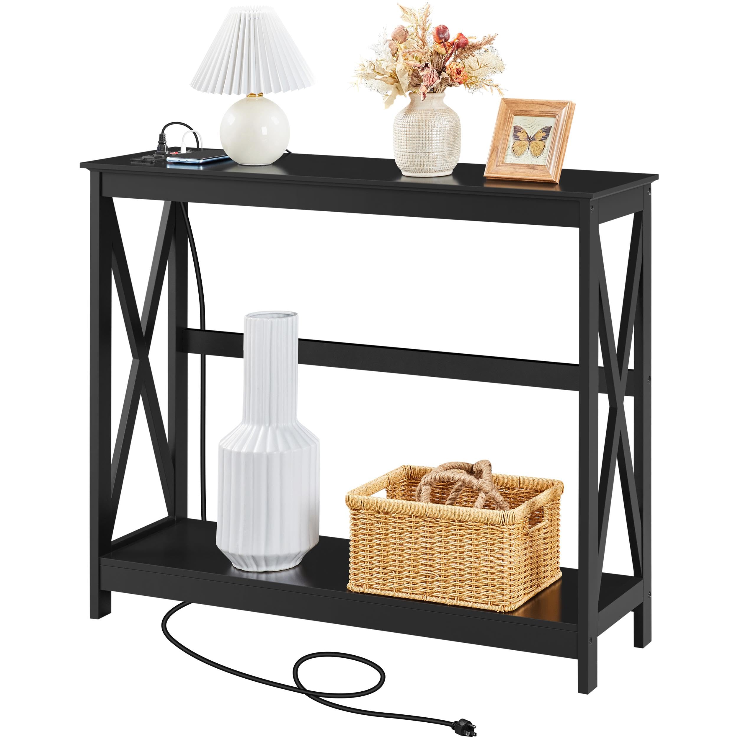 Yaheetech Modern Console Table with Built-in Outlets & USB Ports, Slim Entryway Table with Storage Shelves, X-Design Sofa Table for Living Room, Hallway, Foyer - Perfect for Charging Devices & Home Organization (Black)