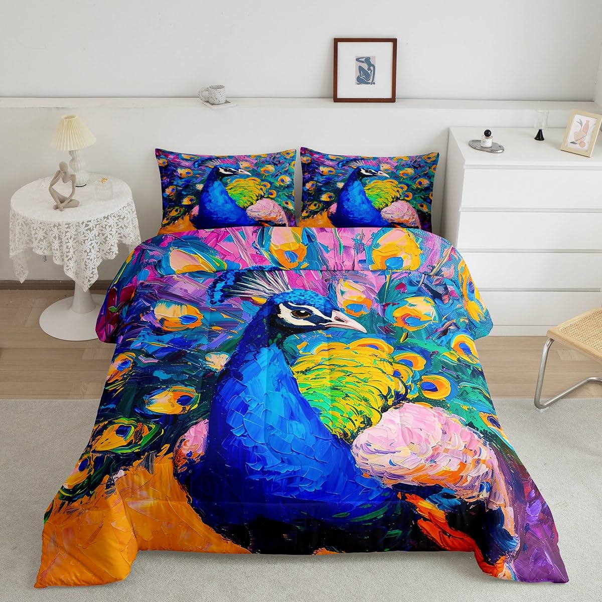 Erosebridal Queen Peacock Comforter Set - Colorful Feather Boho Mandala Duvet Cover with Wildlife Animal Bird Design | Vibrant Bedding for Kids, Boys, Girls & Teens Bedroom Decor | Perfect for Bohemian Style Rooms, Dorm Decor & Gift Ideas