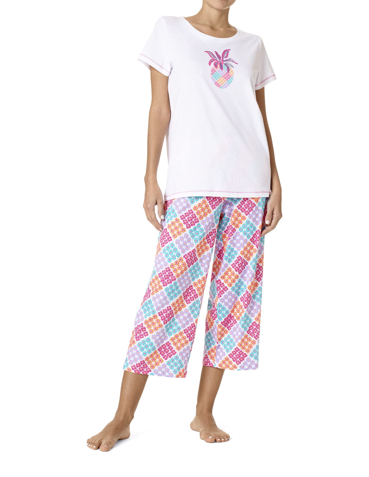 HUE Printed Knit Short Sleeve Tee and Capri 2 Piece Pajama Set - Soft Sleepwear for Women - Perfect for Lounging, Sleeping & Travel