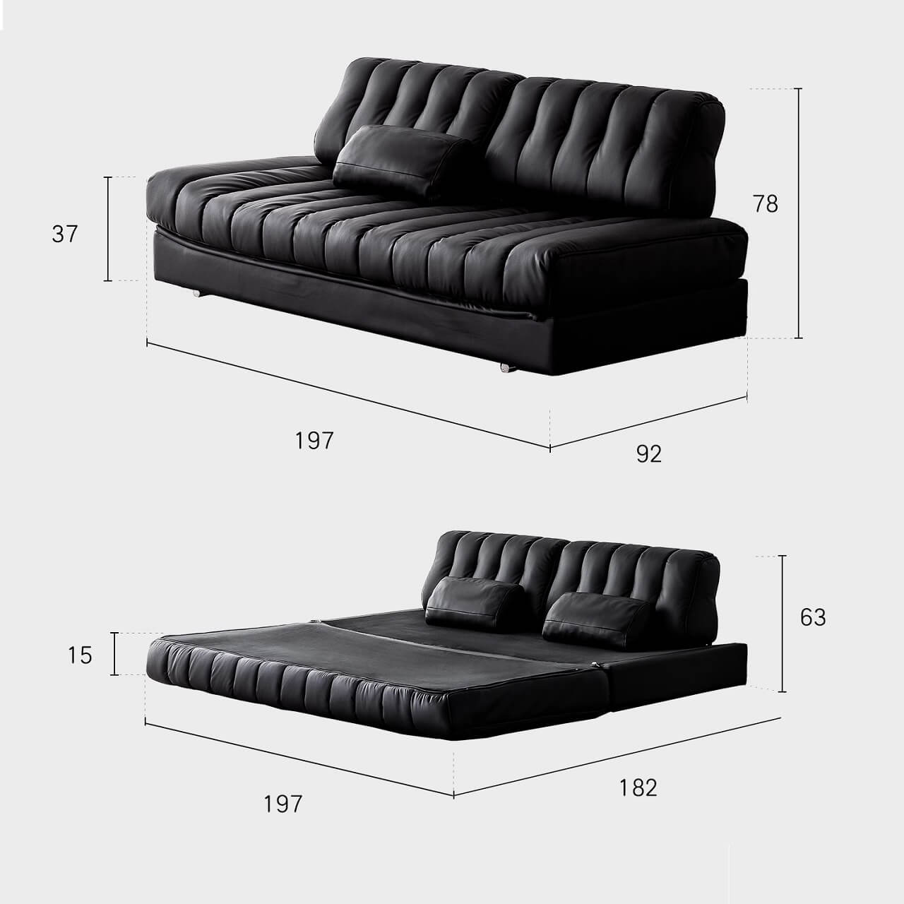 Modern Black Faux Leather Sofa Bed with Stainless Steel Frame & Pillow Arms - Convertible Sleeper Sofa for Small Spaces, Living Room, Guest Room & Apartments