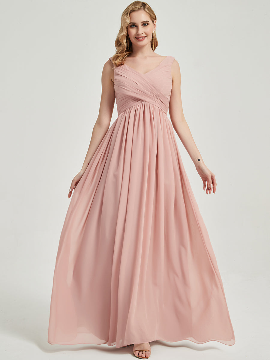 Elegant Blush Pleated Sleeveless Floor-Length Chiffon Bridesmaid Dress for Weddings & Formal Events - Empire Waist Design for Flattering Fit