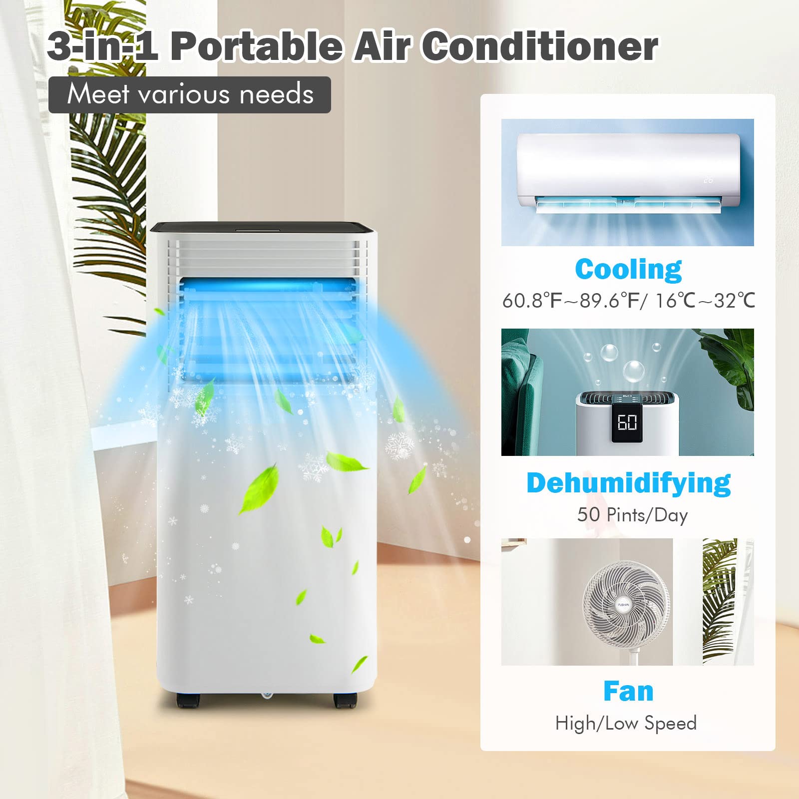 PETSITE 10000 BTU Portable Air Conditioner - 3-in-1 Cooling Unit with Fan & Dehumidifier for Rooms Up to 350 sq.ft | Perfect for Bedrooms, Offices & Small Apartments (Black)