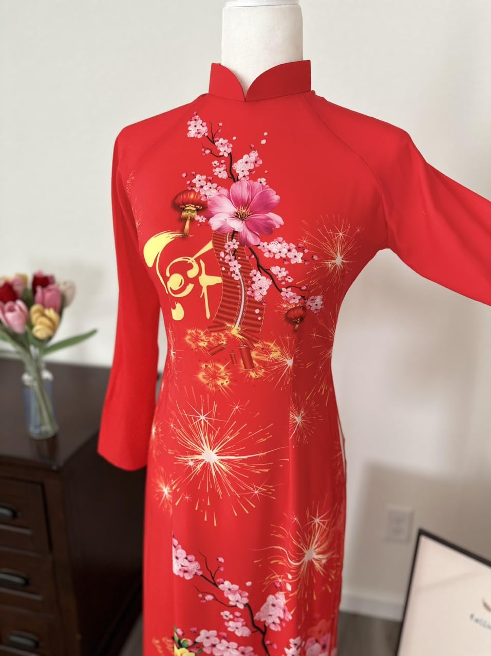 3D Printed Vietnamese Traditional Ao Dai Dress for Women - Elegant Floral Embroidery, Comfortable & Breathable Fabric, Perfect for Tet Festival, Weddings & Special Occasions (Size 2XL)