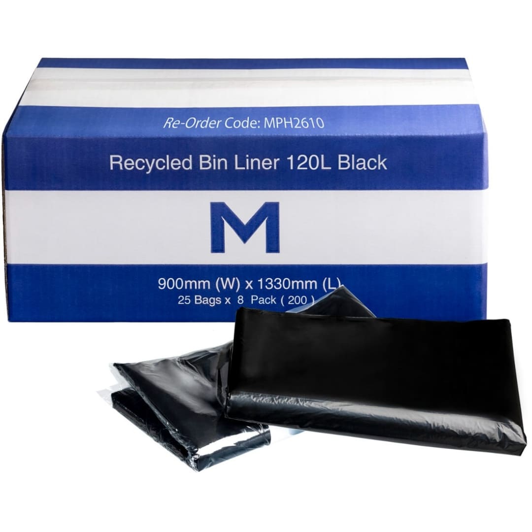 Eco-Friendly Recycled Trash Bags 120L (200 Count) - Heavy Duty Black Garbage Bags 900mm x 1330mm x 30mu - Perfect for Kitchen, Office & Outdoor Waste Disposal