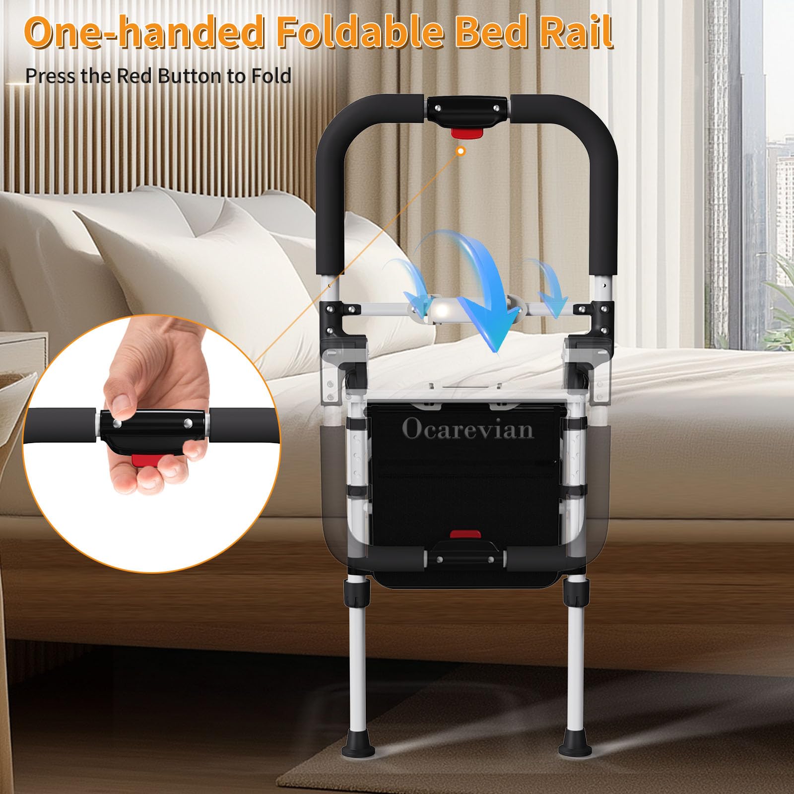 **Foldable Adjustable Bed Rails for Elderly Adults - Safety Bed Handrails with Light & Storage Bag - Fits Queen, Twin & King Beds - Ideal for Seniors, Home Care & Fall Prevention**