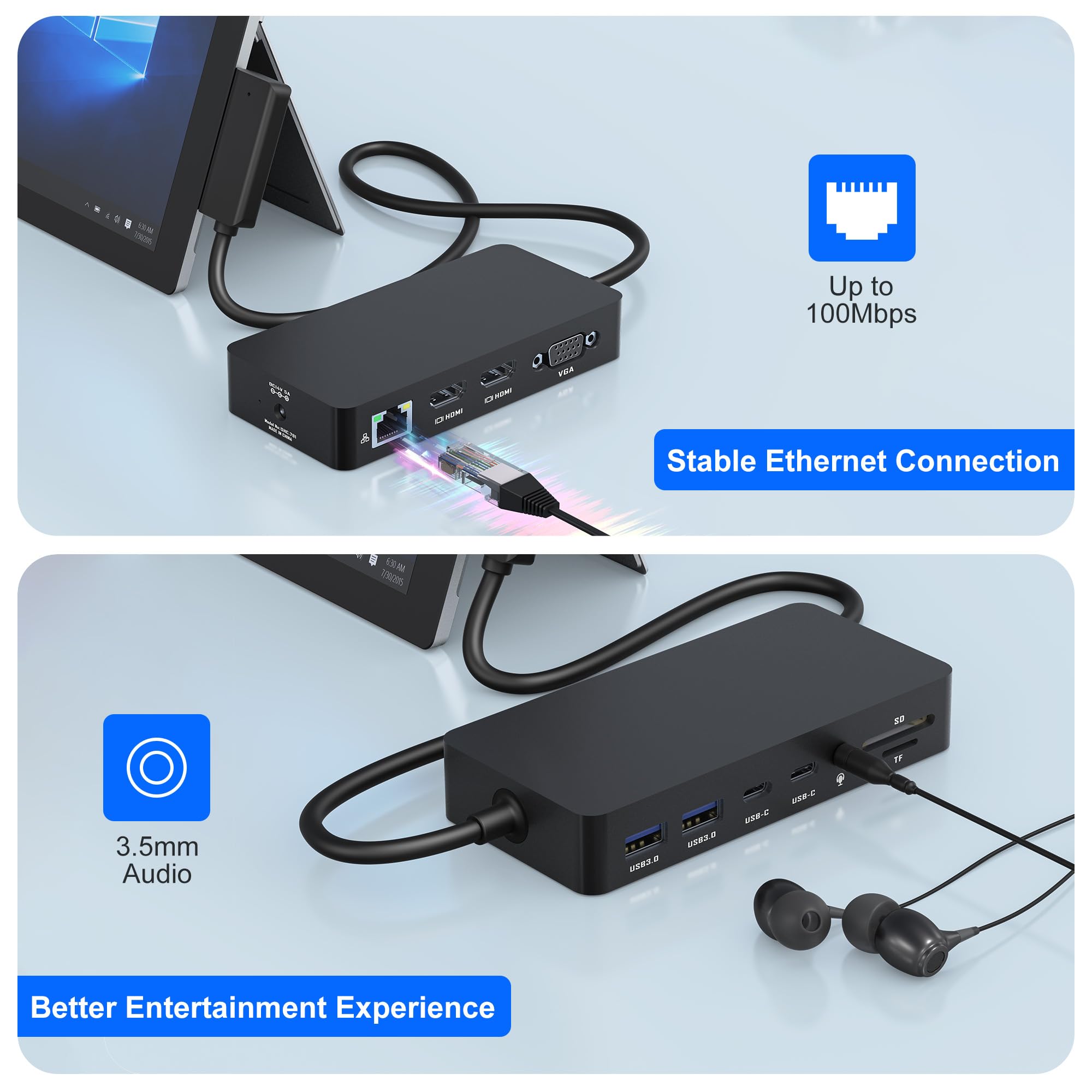 Microsoft Surface Docking Station - 12-in-1 USB-C Hub with Triple Display (Dual HDMI + VGA), Compatible with Surface Pro 11/10/9/8/X/7/6/5/4/3, Surface Laptop 6/5/4/3/2/1, Surface Laptop Go 3/2/1, Surface Book - Perfect for Home Office, Gaming & Multi-Monitor Workstations