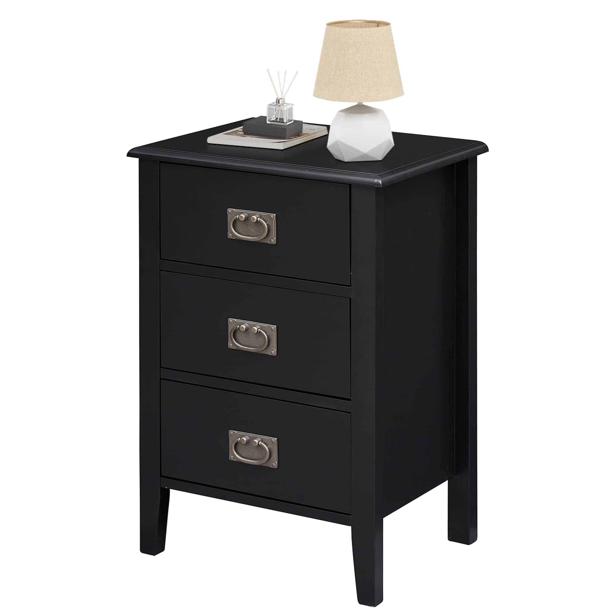VECELO Nightstand with 3 Drawers - Vintage End Table for Bedroom & Living Room - Small Space Solid Wood Side Table - Black Accent Furniture - Perfect for Bedside Storage & Home Decor