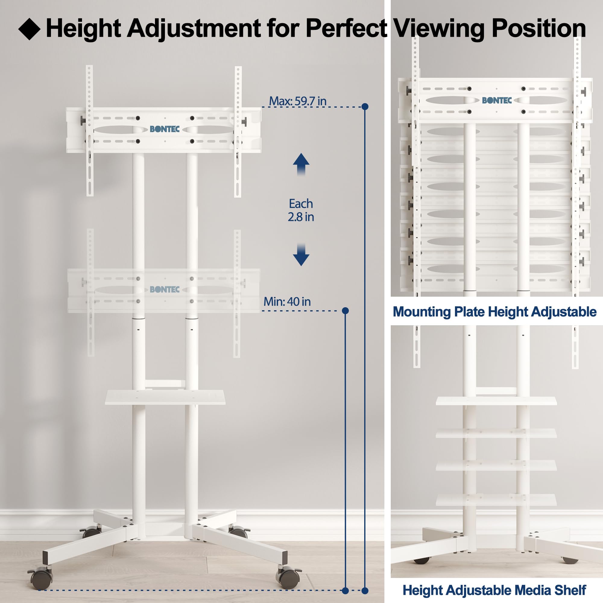 BONTEC Adjustable Rolling TV Stand for 32-85 Inch LED, LCD, OLED, 4K TVs - Mobile Height Adjustable TV Cart with Laptop Shelf, Locking Wheels (132lbs Capacity, 600x400mm VESA) - Perfect for Living Rooms, Bedrooms, and Home Theaters - White
