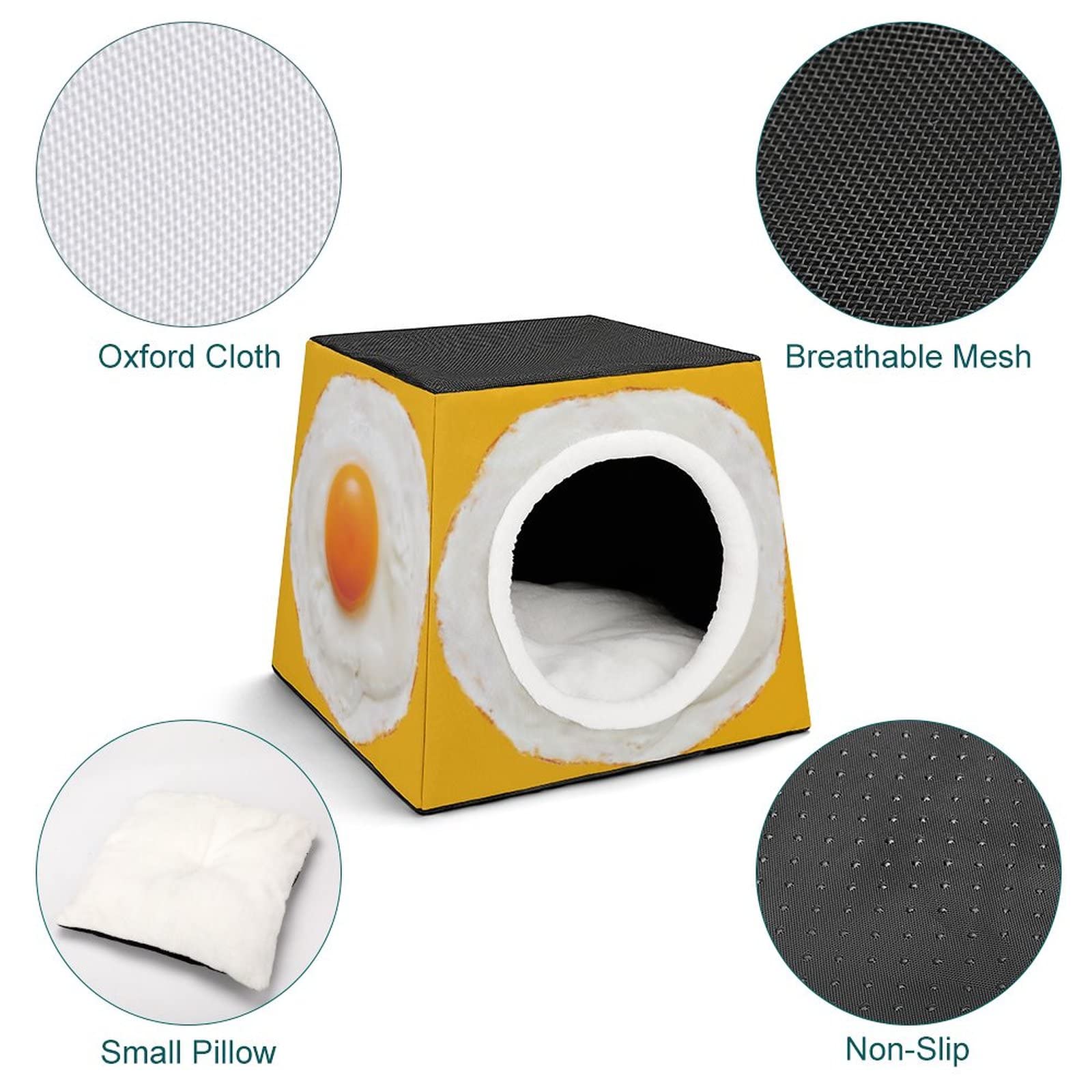 Printed Cat Cube Kitty House - Indoor Cat Bed & Small Dog Shelter - Warm & Cozy Fried Egg Design Pet Sofa for Living Room, Bedroom & Play Areas