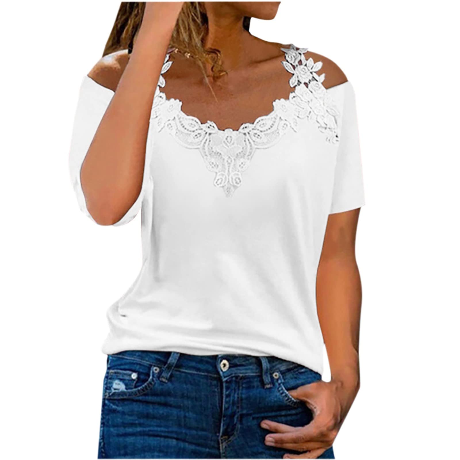 Women's Off Shoulder Tops - Summer V Neck Lace Short Sleeve Blouses, Casual Loose Cold Shoulder Shirts for Beach, Party & Everyday Wear