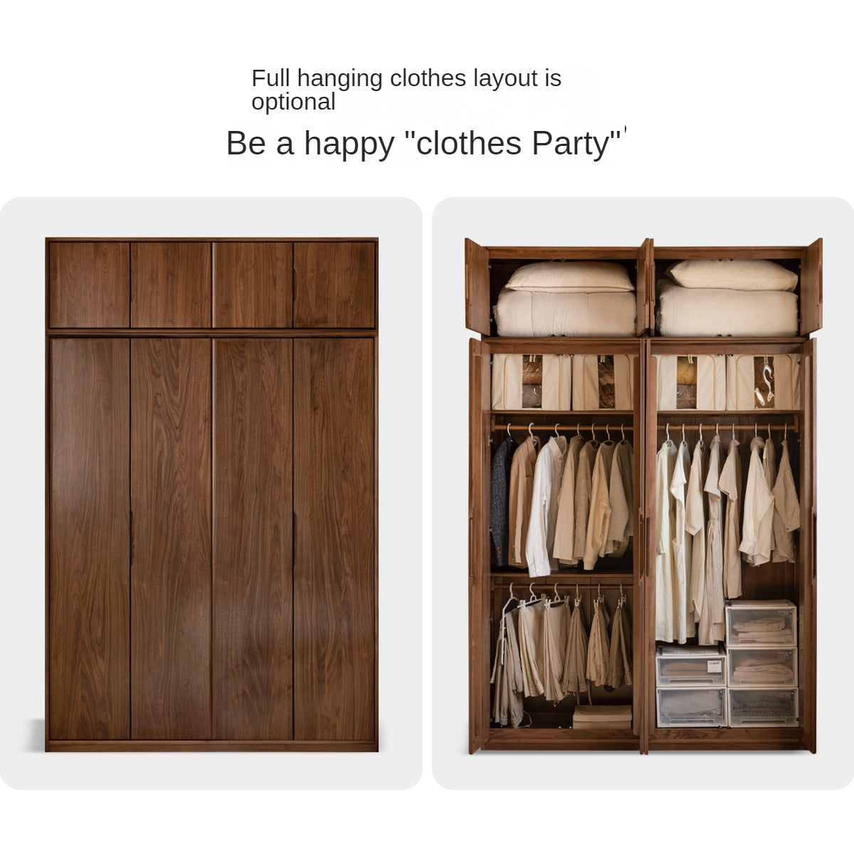 Solid Black Walnut Wood Large Wardrobe - Spacious Closet Organizer for Bedroom, Walk-in Closet & Master Suite Storage
