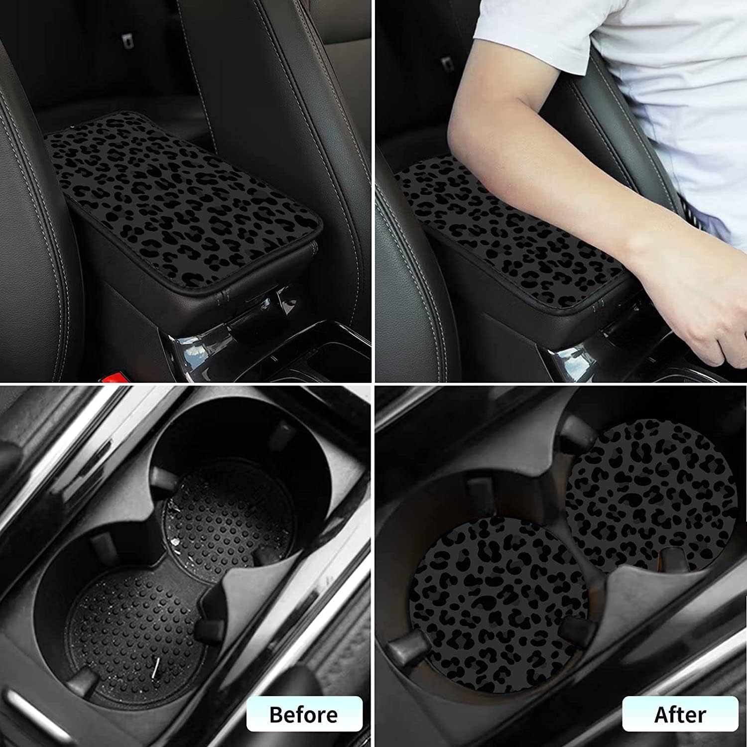 Universal Leopard Print Car Center Console Cover - Waterproof Armrest Protector for Cars, Black & Green Cheetah Animal Design - Includes Bonus Car Coaster | Perfect for SUVs, Sedans & Trucks
