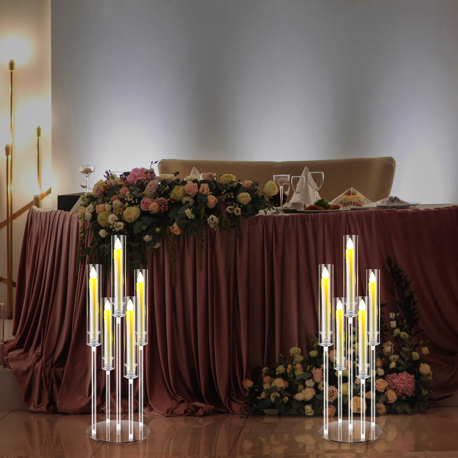 5-Arm Acrylic Clear Candelabra Centerpiece Set with LED Candles & Shades - Elegant Table Decor for Weddings, Parties, Fireplace & Dining Room (4 Sets) - Perfect for Romantic Dinners, Holiday Decorations and Special Events