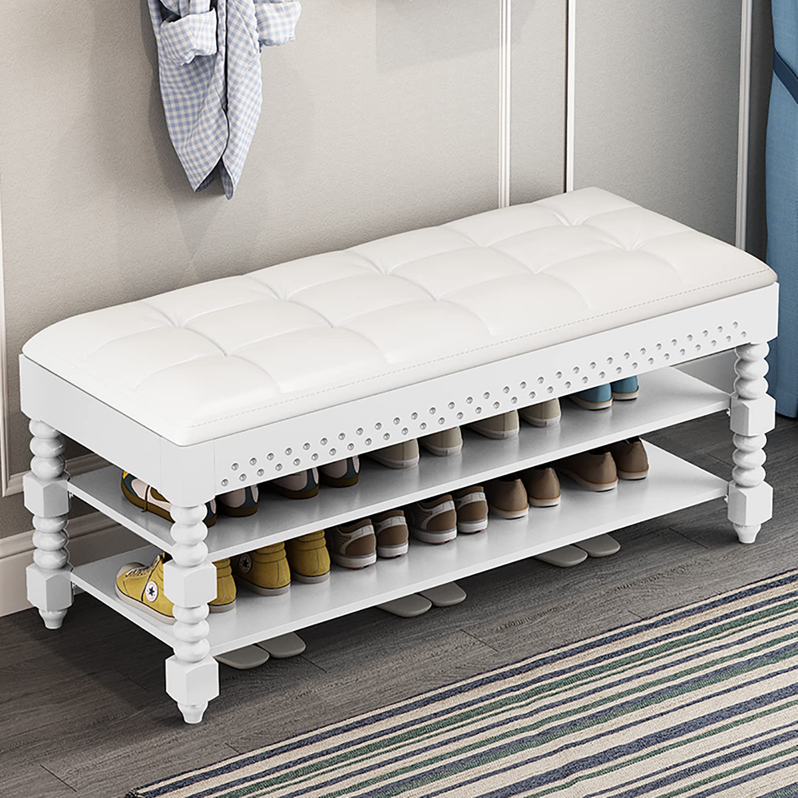 Vintage White Wooden Shoe Storage Bench with Lift Top & Leather Cushion - 3-Tier Entryway Shoe Rack Organizer (80x30x48cm/31x12x19inch) for Living Room, Bedroom, Hallway - Perfect for Small Spaces & Home Organization