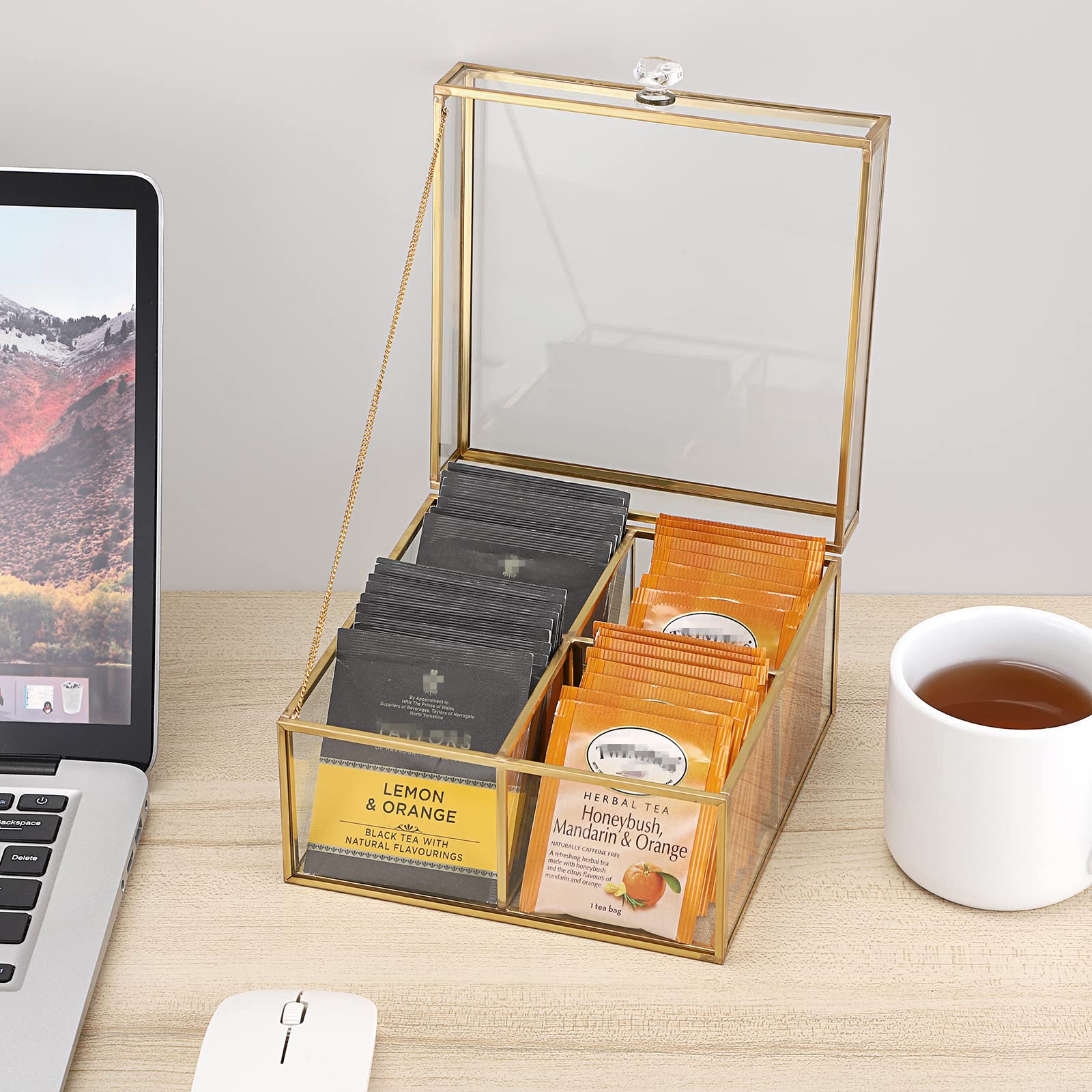 ELLDOO Gold Glass Tea Bags Storage Box with Lid - 4 Compartment Jewelry Organizer for Makeup Sponges, Sugar Packets, Rings & Earrings - Elegant Countertop Display for Bathroom Vanity or Dressing Table