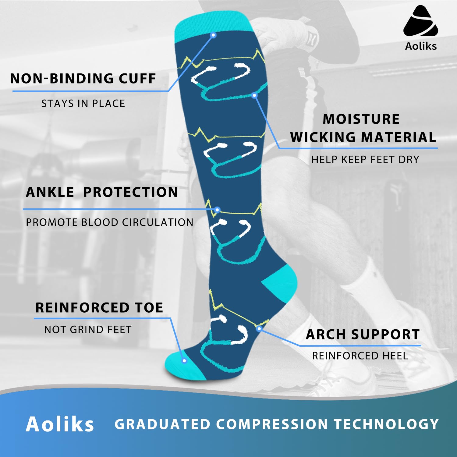 Aoliks Medical Compression Socks for Women & Men - Knee High Support Socks for Running, Nurses, Travel - Improve Circulation & Reduce Swelling - Perfect for Sports, Work & Long Flights