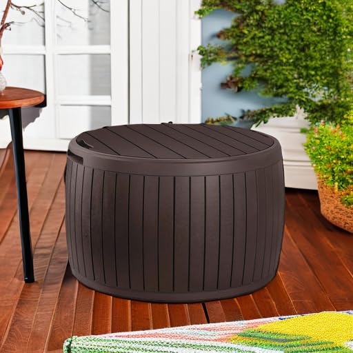 Keter 37 Gallon Outdoor Storage Deck Box - Waterproof Patio Furniture Organizer, Weather-Resistant Garden Table Bin in Brown - Perfect for Backyard, Deck, and Poolside Storage