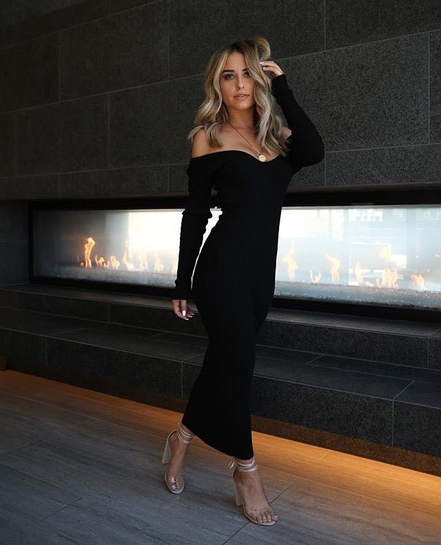 Elegant Black Ribbed Knit Long Sleeve Bodycon Dress for Women | Slim Fit Stretchy Midi Dress | Perfect for Office, Date Night & Fall Season