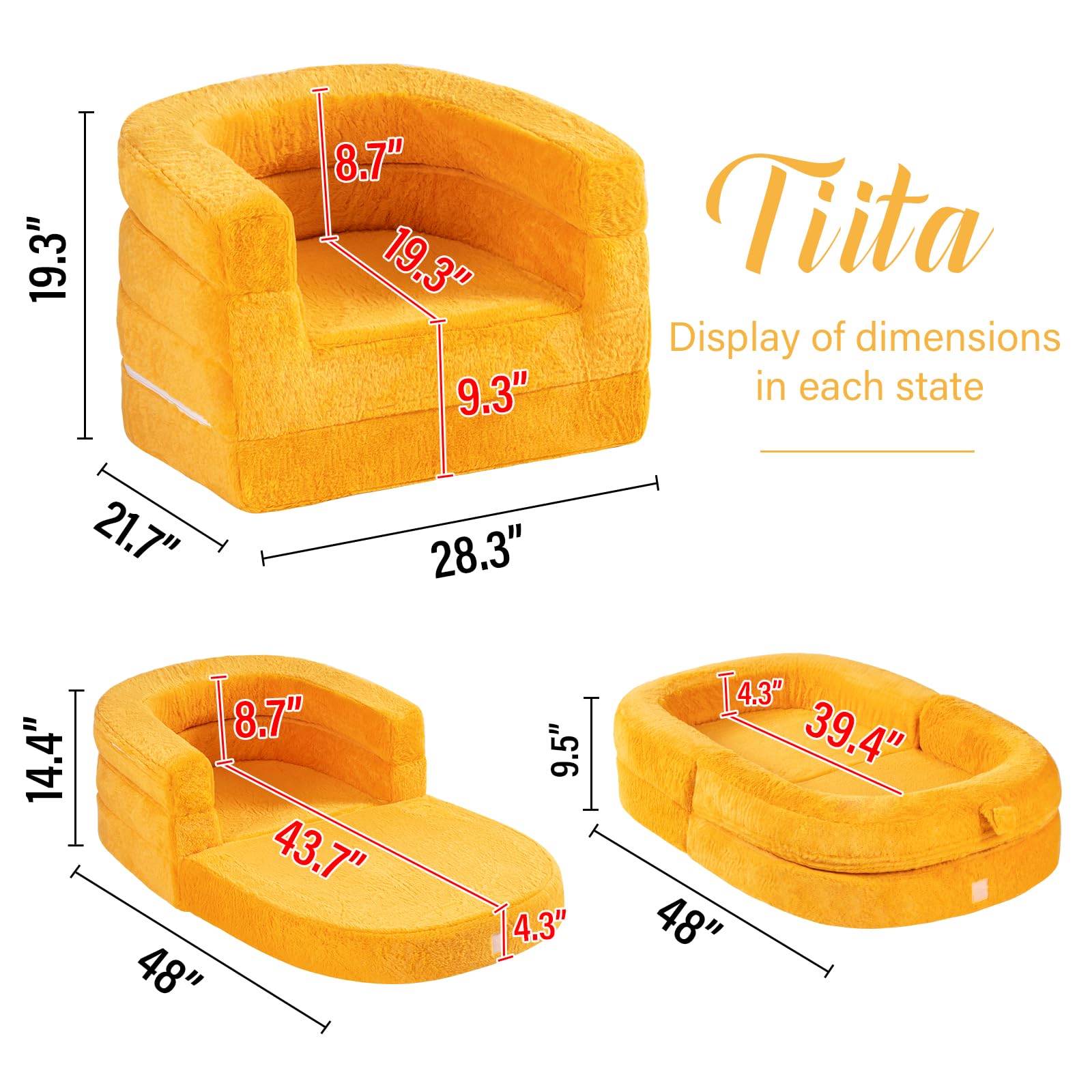 Tiita 3-in-1 Convertible Kids Sofa Bed - Plush Toddler Chair & Travel Bed with Washable Cover & Carrying Handle - Perfect for Nursery, Playroom & Travel - Gift for Boys & Girls