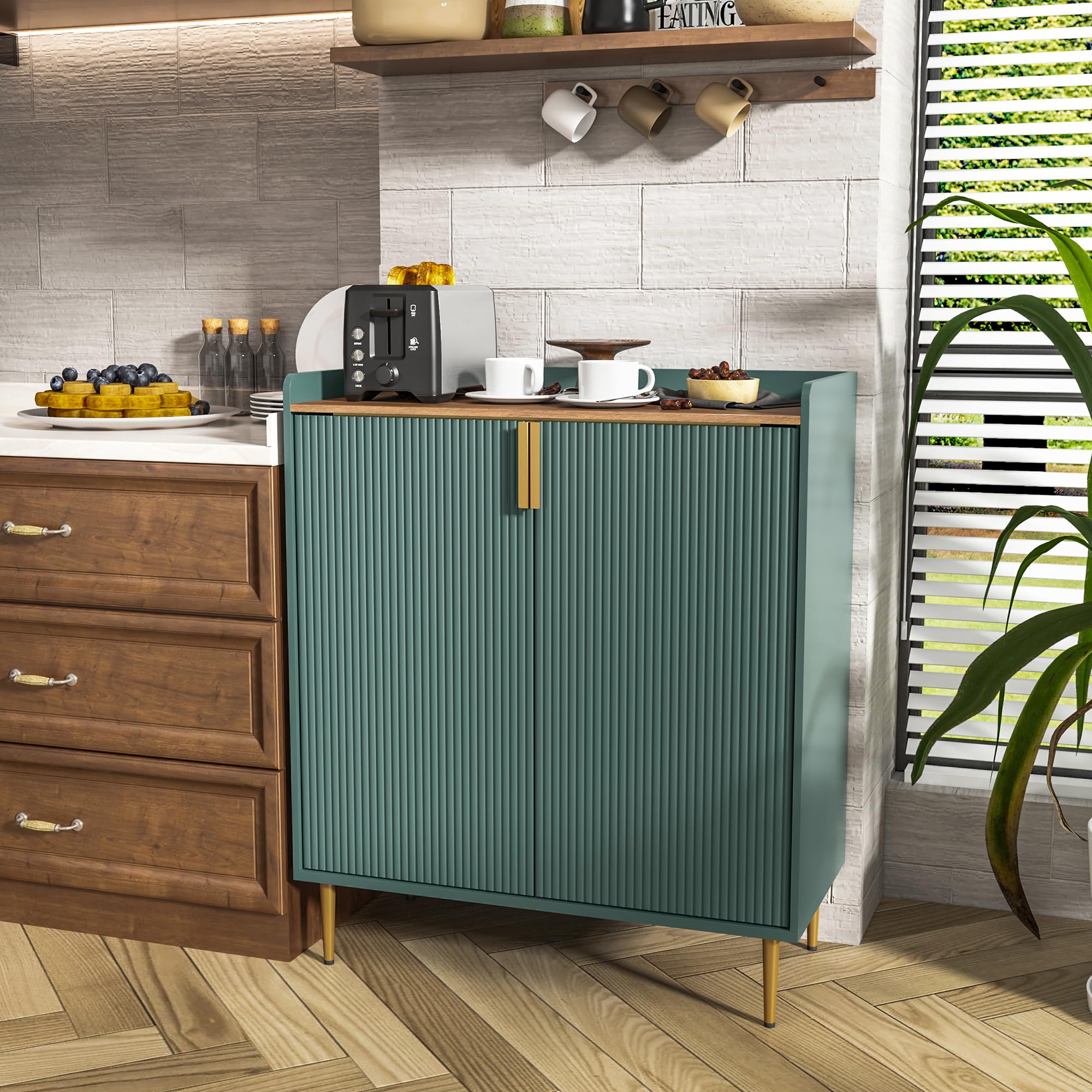 ARTPOWER Modern Coffee Bar Cabinet with Wine Racks - Fluted Texture Green Liquor Storage Sideboard for Kitchen, Dining & Living Room - Perfect for Entertaining, Home Bar Setup & Stylish Beverage Display