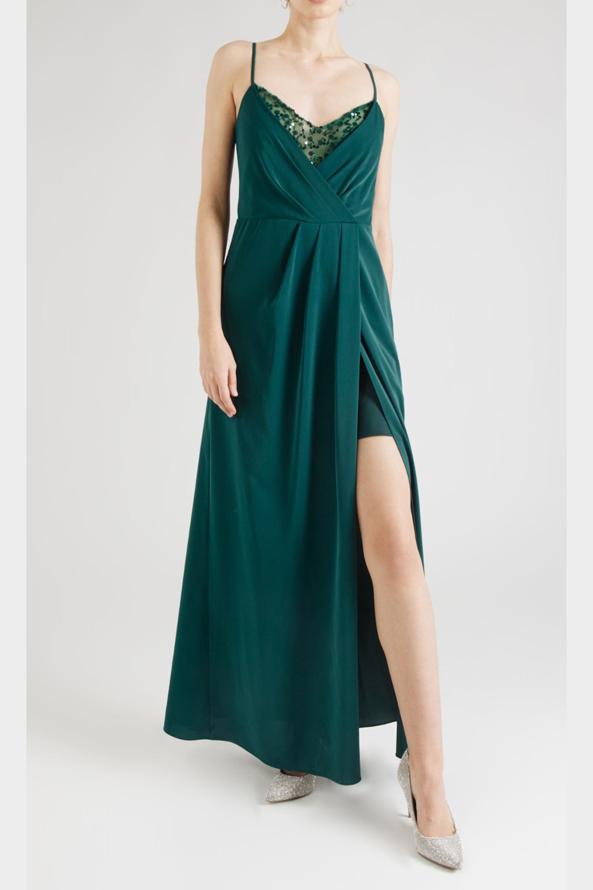Elegant Green Crystal Embellished Pleated Maxi Dress for Women - Perfect for Weddings, Parties & Evening Events