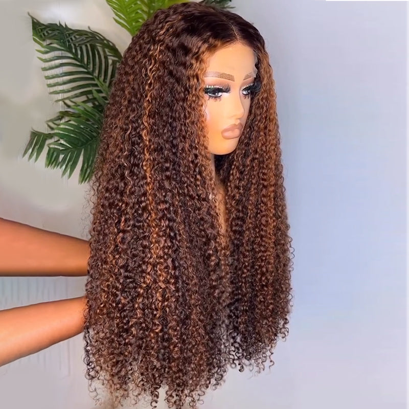 Eullair Honey Brown Highlights Kinky Curly Human Hair Lace Front Wig - Pre-Colored Glueless Lace Frontal Wig for Women | Natural Look for Daily Wear, Parties & Special Occasions