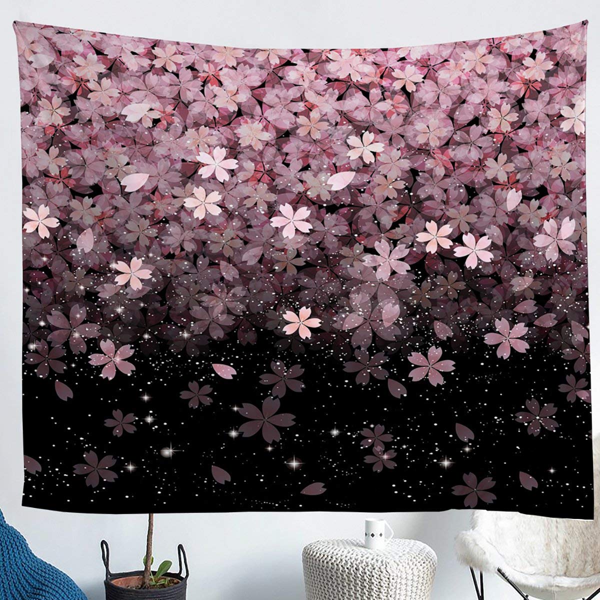 Erosebridal Cherry Blossom Wall Tapestry - Pink Floral Wall Hanging with Glitter Starry Sky Design, Large 59x82 Inch - Perfect for Bedroom, Living Room & Dorm Decor