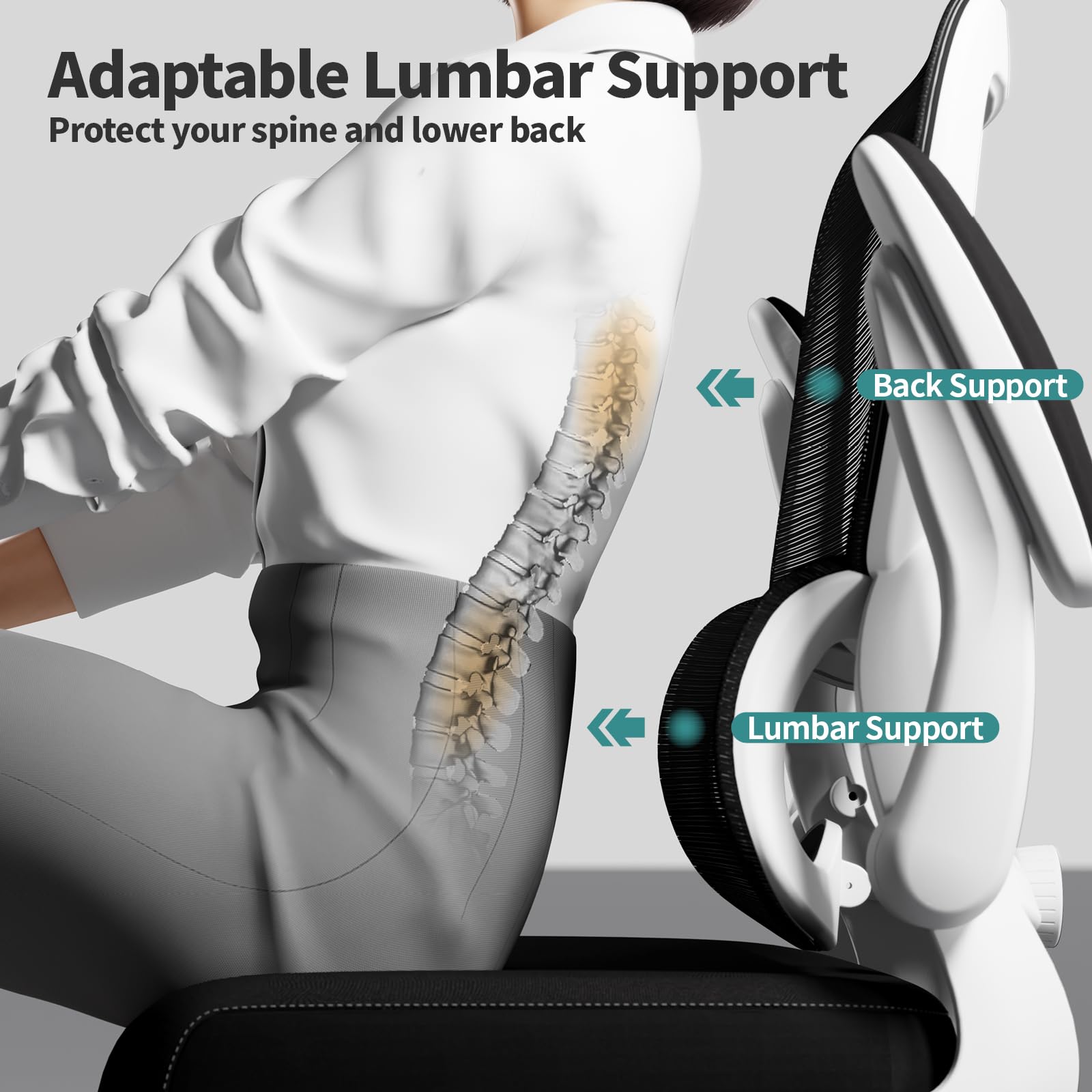 Ergonomic Office Chair with Adjustable Lumbar Support - Mesh Back Computer Desk Chair for Home & Executive Office - Comfortable Task Chair with Breathable Mesh Design (White & Black) - Perfect for Long Work Hours, Gaming & Remote Work Setup