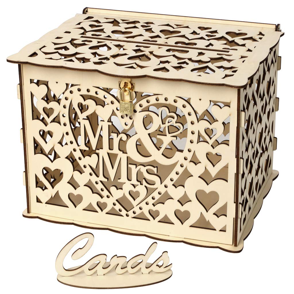 ELEOPTION Rustic Wooden Wedding Card Box with Lock - DIY Hollow Card Holder for Money & Gift Cards - Perfect for Wedding Reception, Anniversary, Baby Shower, Graduation & Birthday Party Decor