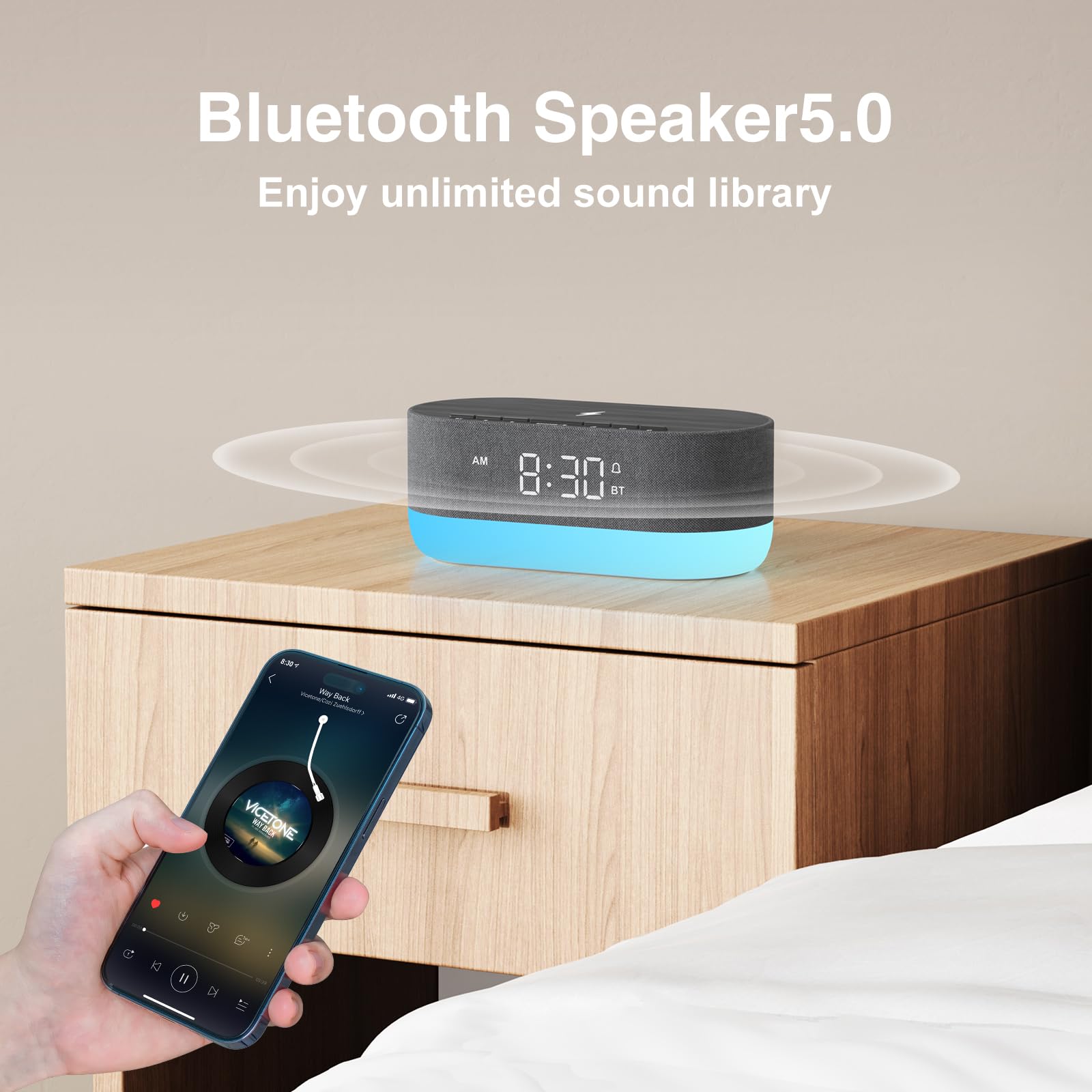 HOUSBAY Bluetooth Sound Machine with Alarm Clock - Dual Speaker White Noise Machine for Sleeping, 21 HiFi Sounds & 10W Wireless Charger, 10 Night Light Colors - Perfect for Bedrooms, Nursery, Office & Meditation (Black)