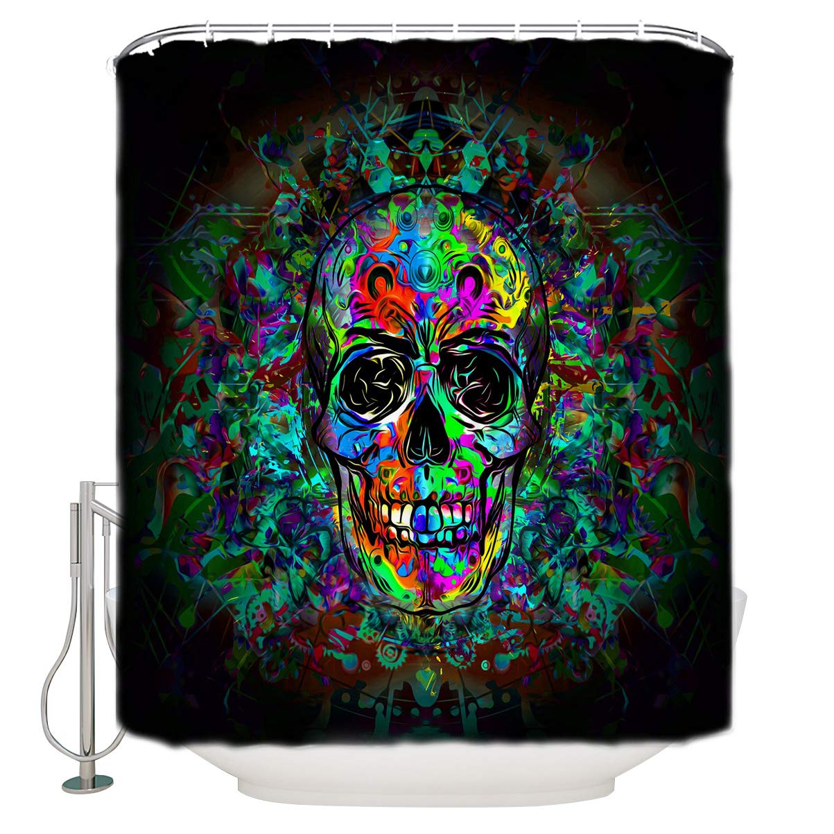 12 Hook Fluorescent Skull Abstract Art Shower Curtain Liner - Durable Waterproof Bathroom Accessories for Showers & Bathtubs - 36 x 72 Inches - Perfect for Gothic, Halloween & Unique Bathroom Decor