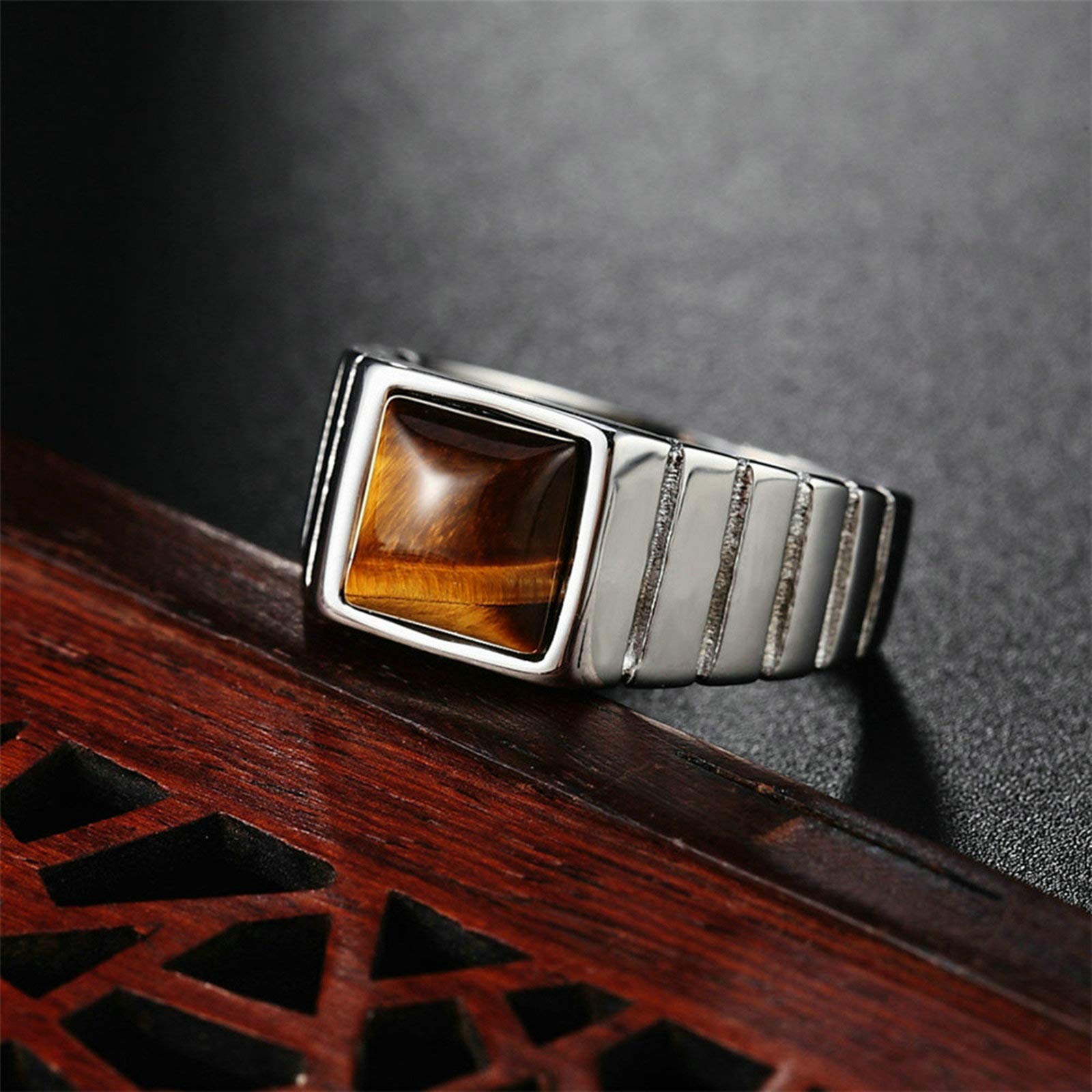 Daesar Men's Signet Ring - Stainless Steel Vintage Silver Band with Brown Opal Stone, 10mm Width - Perfect for Weddings, Gifts & Formal Occasions