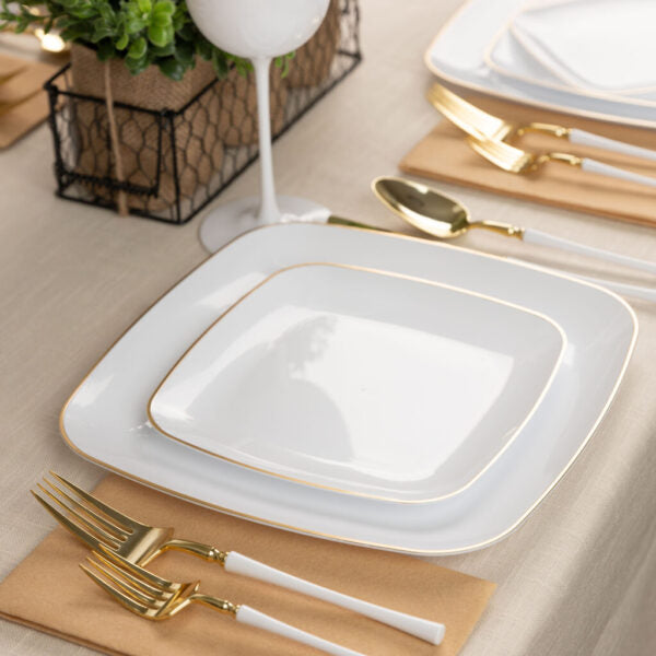 10-Pack White & Gold Square Plastic Plates - BPA-Free, Eco-Friendly Disposable Dinnerware for Parties, Picnics & Outdoor Events