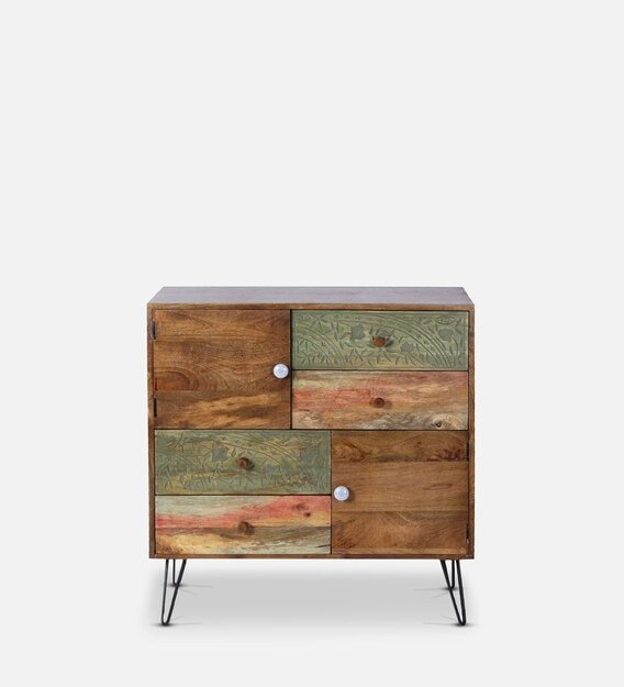 Hand Carved Multicolored Wooden Dresser | Vintage Chest of Drawers for Bedroom Storage & Home Decor