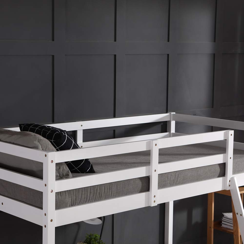 JOYMOR High Loft Twin Wooden Bed Frame for Kids, Teens & Adults - Sturdy Single Loft Bed No Box Spring Needed (White) - Perfect for Small Bedrooms, Dorms & Space-Saving Kids' Rooms