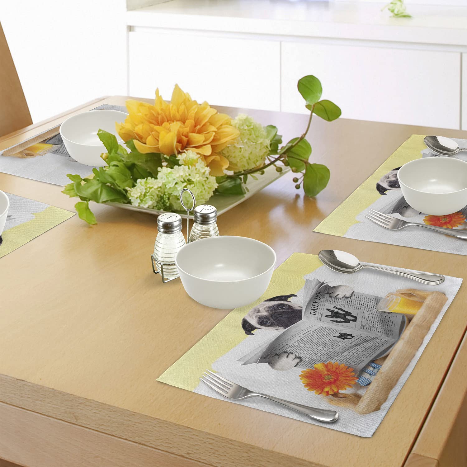 Ambesonne Pug Place Mats Set of 4 - Washable Fabric for Dining & Kitchen Decor - Perfect for Dog Lovers & Family Gatherings