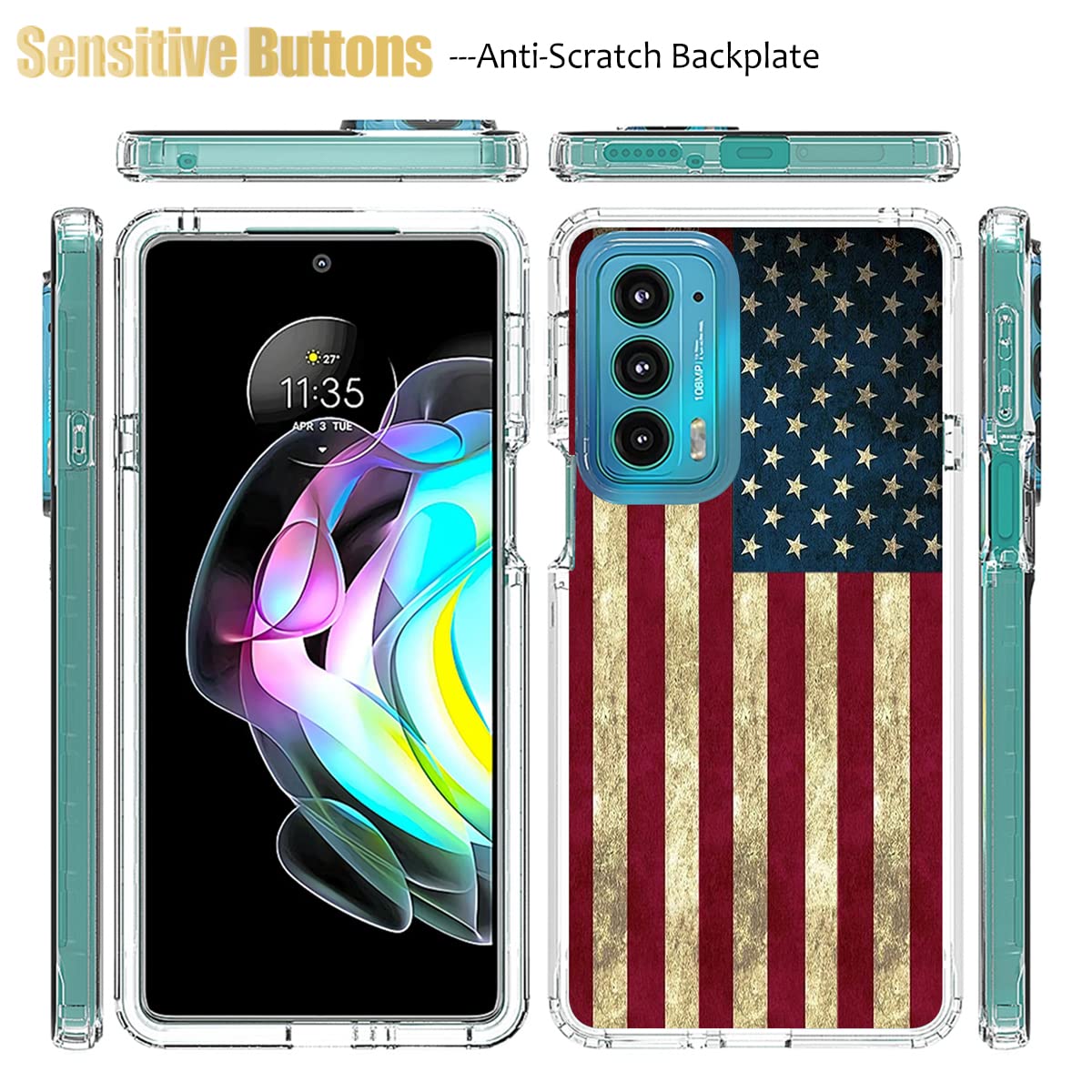 **Motorola Edge 20 Case with Tempered Glass Screen Protector – Cute Clear USA Flag Design, Full-Body Protective Cover for Moto Edge 20 5G – Perfect for Daily Use, Travel & Outdoor Activities**