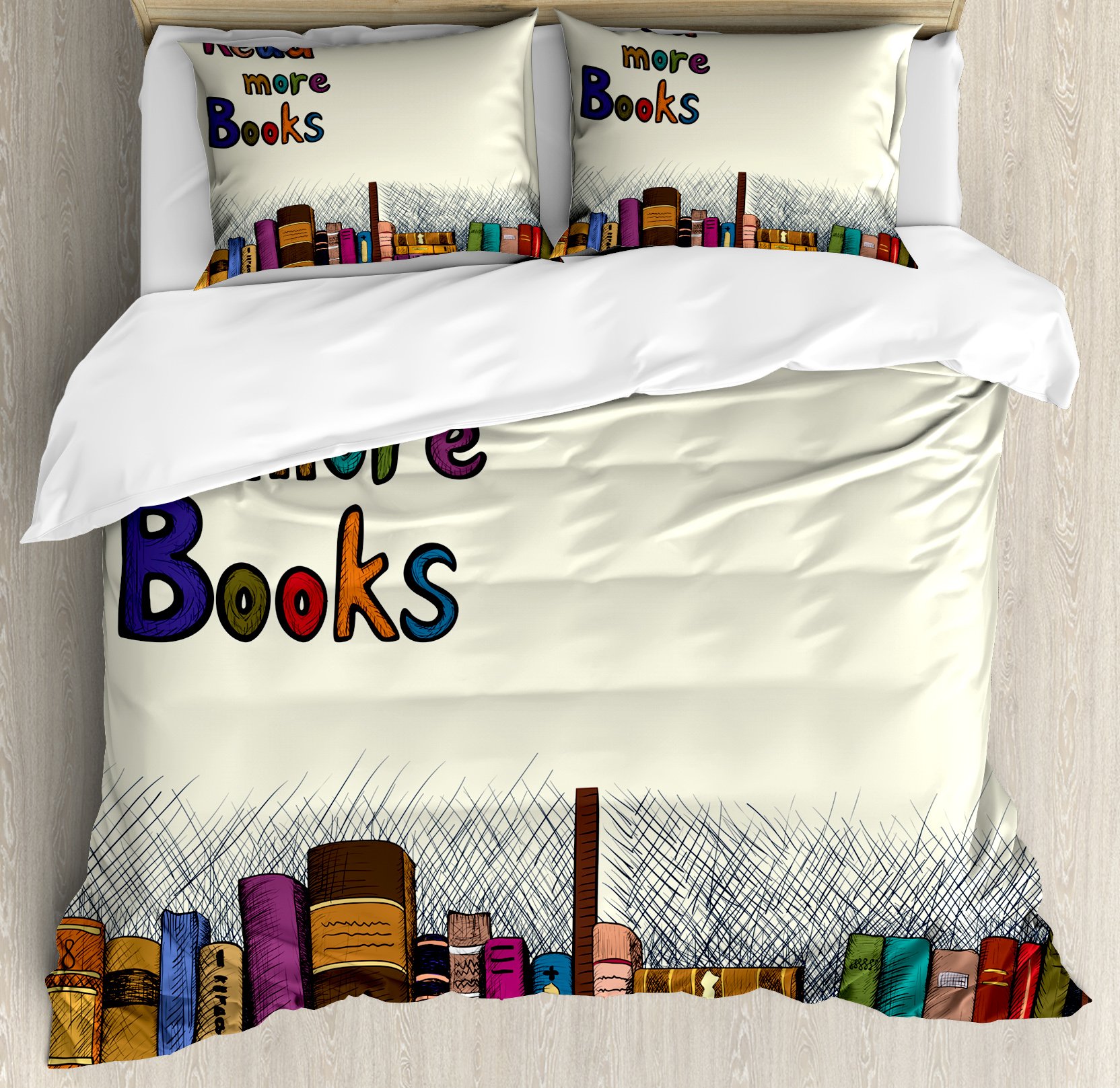 Ambesonne Book Lover Duvet Cover Set - King Size 3 Piece Bedding with 2 Pillow Shams | Read More Books Print on Sketch Background with Colorful Bookshelf Design | Multicolor Decorative Bedroom Set for Bookworms & Reading Enthusiasts