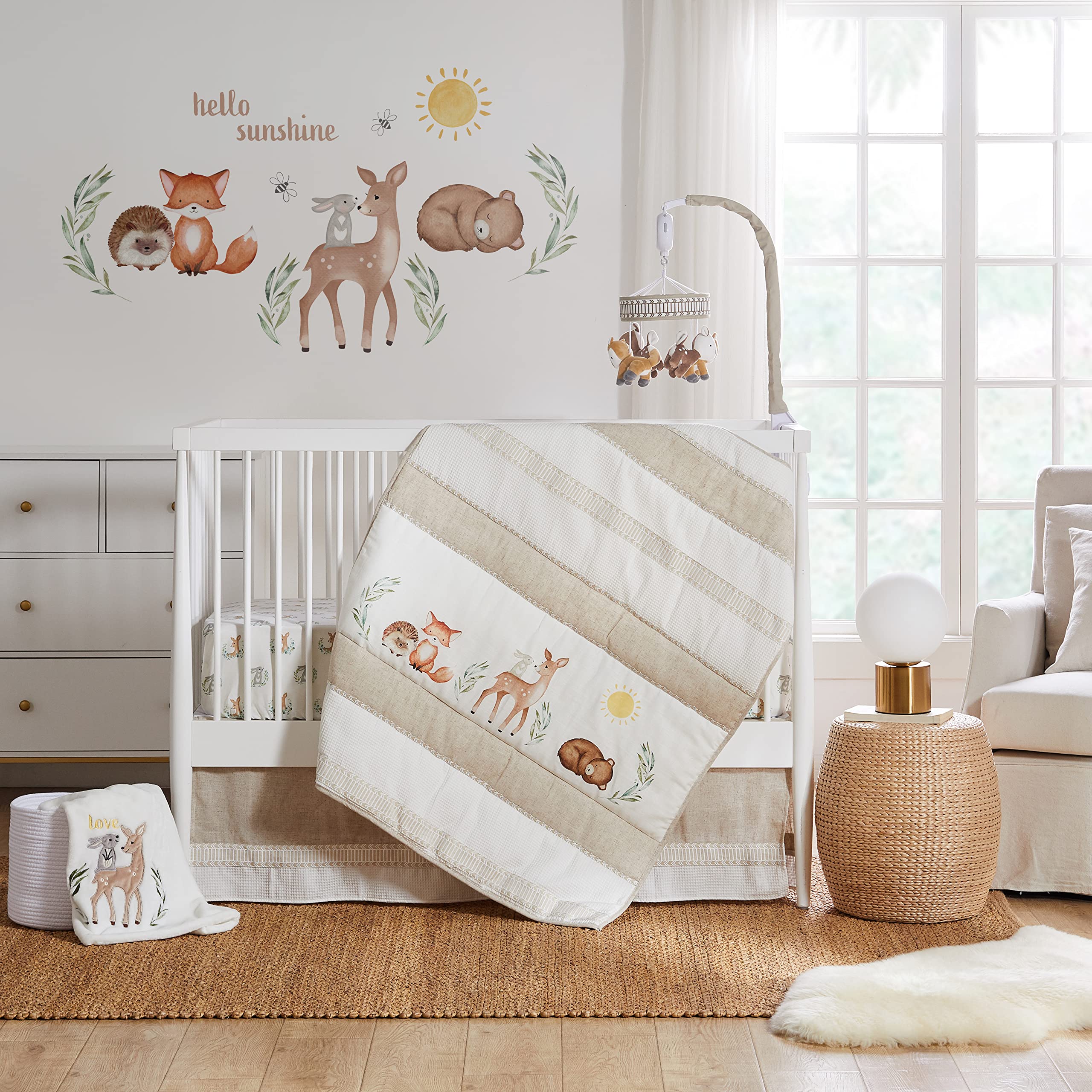 Levtex Baby Woodland Pals 5-Piece Crib Bedding Set - Soft Cream Taupe Brown Green Nursery Collection with Quilt, Fitted Sheet, Wall Decal, Dust Ruffle & Storage Basket - Perfect for Cozy Nursery Decor and Baby Shower Gifts
