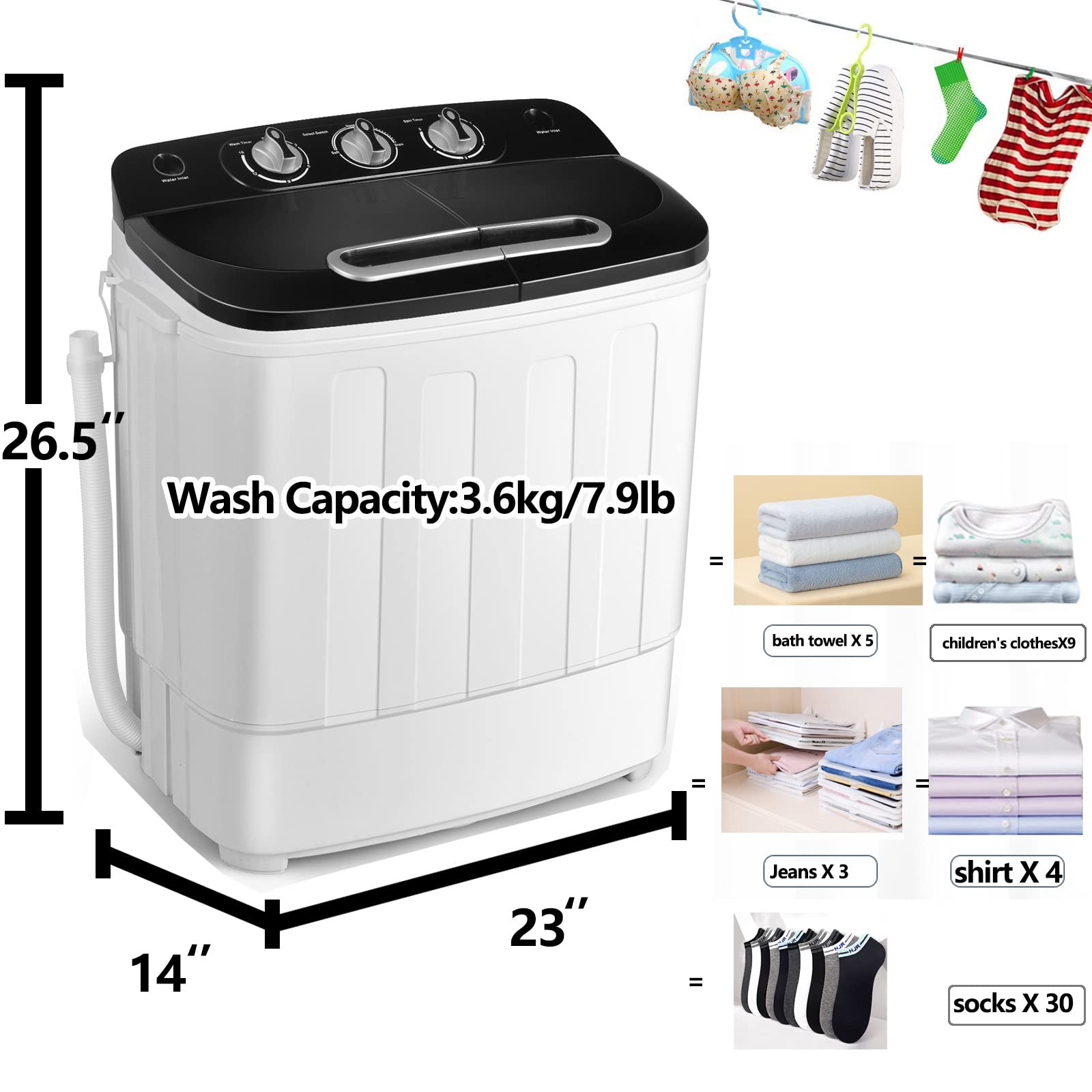 Portable Washer and Dryer Combo XPB36-1288SA - Compact Mini Washing Machine for Small Spaces, 2-in-1 Laundry Solution with Spin Dryer, Energy Efficient, Ideal for Apartments, RVs, Dorms & Camping - Black