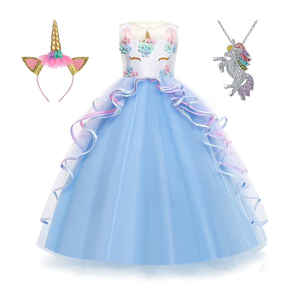 Magical Unicorn Princess Dress for Girls - Sparkly Long Gown with Headband & Necklace Set | Birthday Party, Pageant, Halloween Costume, Photo Shoot, Dress-Up Play