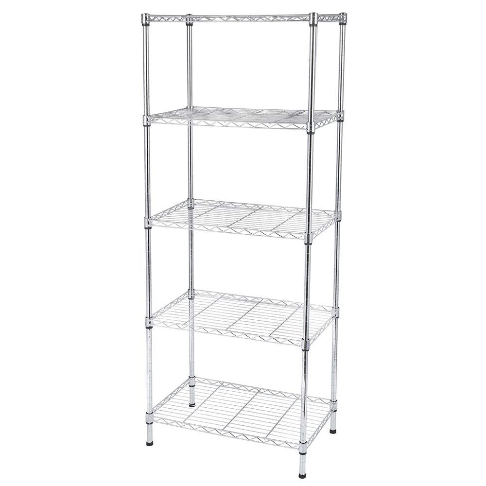 5-Tier Adjustable Metal Storage Shelf - Heavy Duty Wire Shelving Unit for Pantry, Closet, Kitchen, Laundry & Bathroom Organization (Silver) - Perfect for Home Storage, Garage Shelving, and Commercial Use