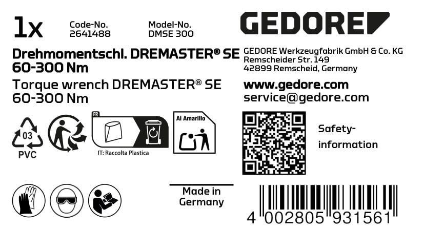 GEDORE 7602850 DREMASTER SE Torque Wrench 14x18mm, 60-300 Nm (42-221 ft-lb) - Professional Automotive & Industrial Tool for Precise Bolt Tightening