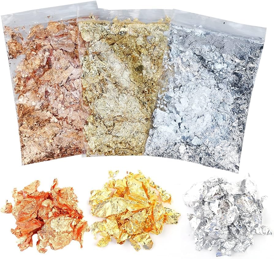 Premium 30g Gold, Silver & Copper Foil Flakes for DIY Crafts - A.S.K 3 Bottle Set with Tweezer | Perfect for Cake Decorating, Nail Art, Resin Jewelry & Home Decor