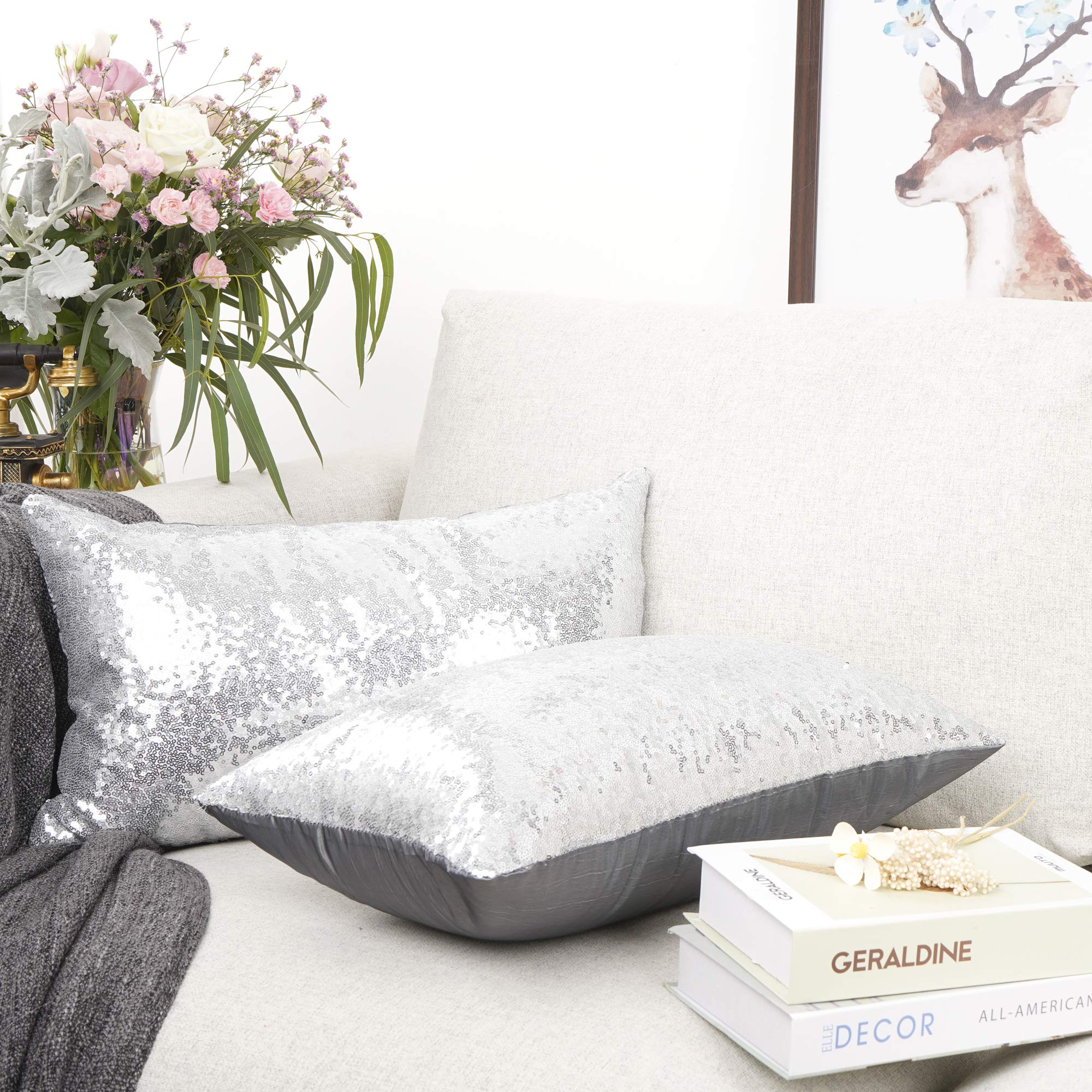 2 Pack Luxury Silver Sequin & Satin Throw Pillow Covers 12x20 Inches - Glamorous Decorative Cushion Cases for Wedding, Christmas, Home Decor, Sofa & Bedroom Accents