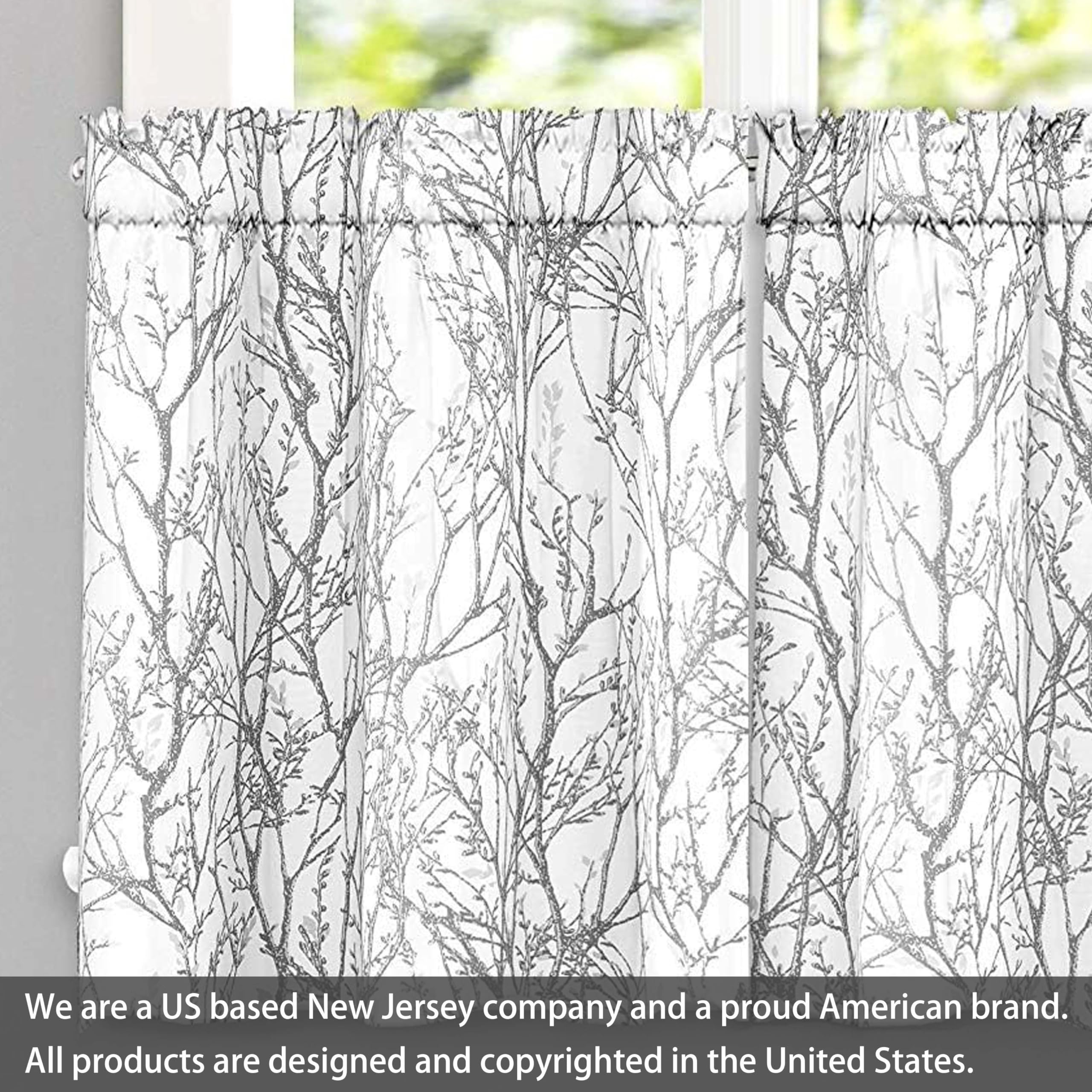 DriftAway 3-Piece Gray and White Kitchen Curtain Set with Valance & Tier - Rod Pocket Light Filtering Window Treatment, 36 Inch - Perfect for Small Half Windows in Bathroom, Living Room, or Kitchen (Tree Branch Design)